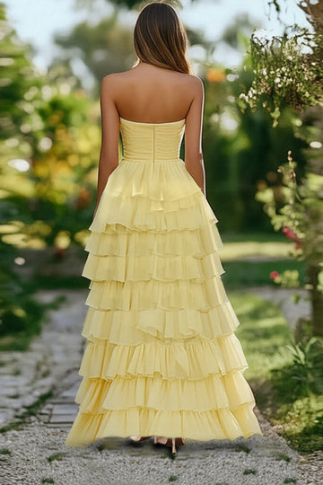 Daffodil Chiffon Sweetheart A-Line Ruffled Long Prom Dress